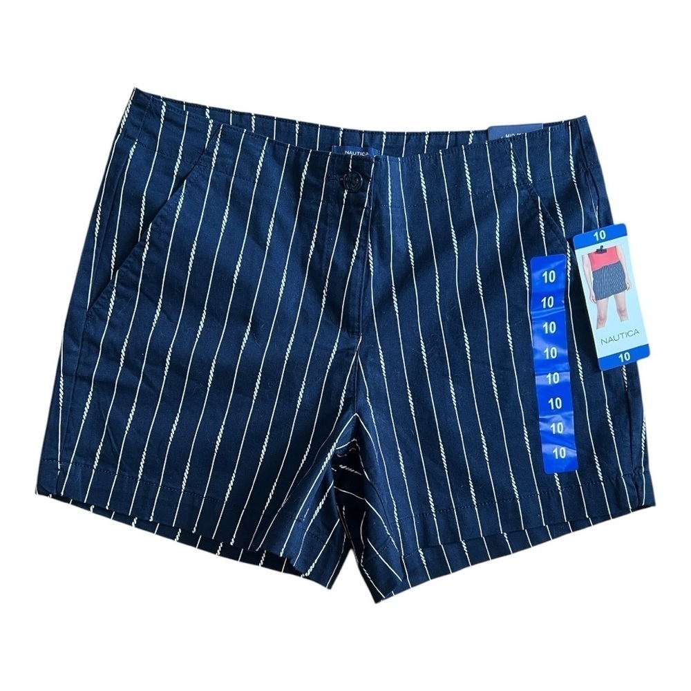 Nautica Mid Rise Twill Shorts Size 10 Navy & White women NWT